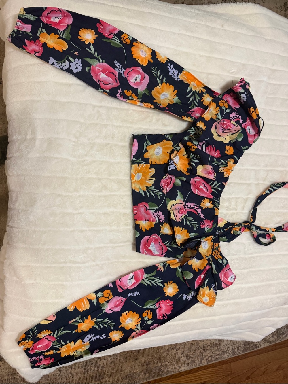 Source Unknown Navy Floral Tie-Front Crop Top